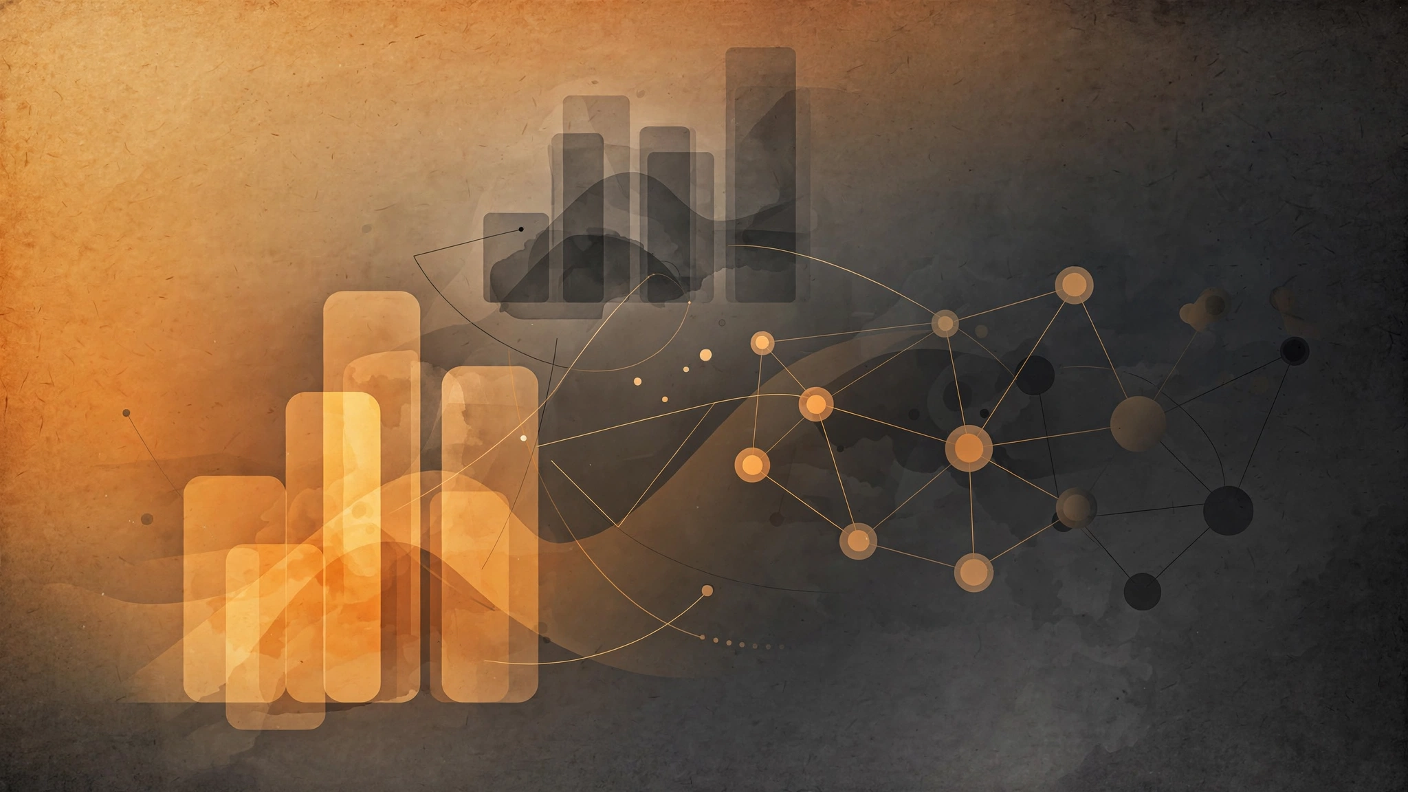 Editorial illustration in amber and charcoal with abstract bar charts, network nodes and paper texture, evoking a researcher's notebook on questionnaire validation.
