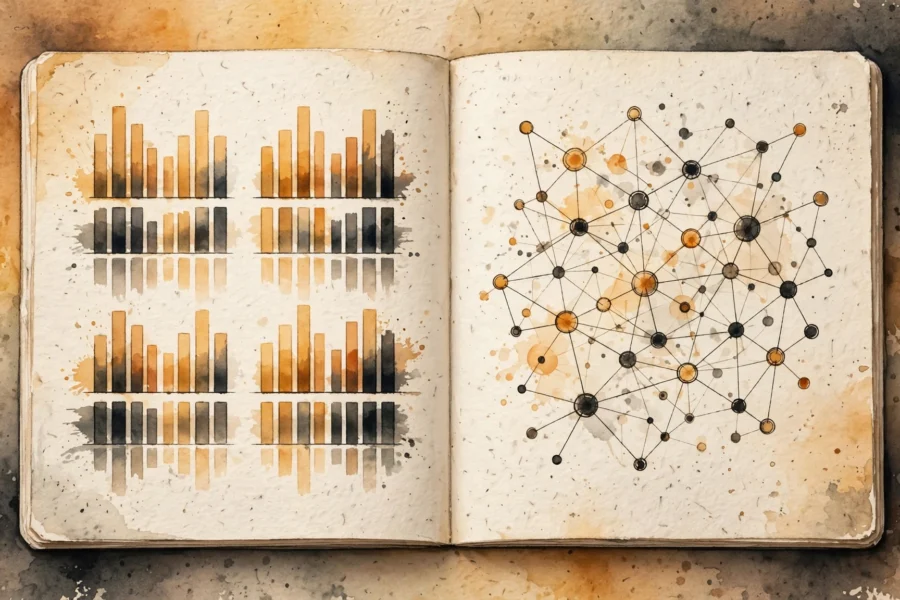 Warm gradient illustration of abstract network nodes and duplicated bar charts like a researcher's notebook, in amber and charcoal.
