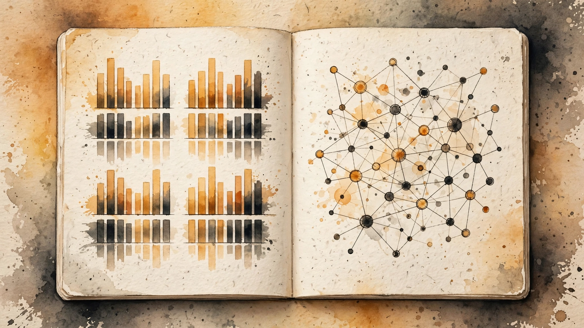 Warm gradient illustration of abstract network nodes and duplicated bar charts like a researcher's notebook, in amber and charcoal.