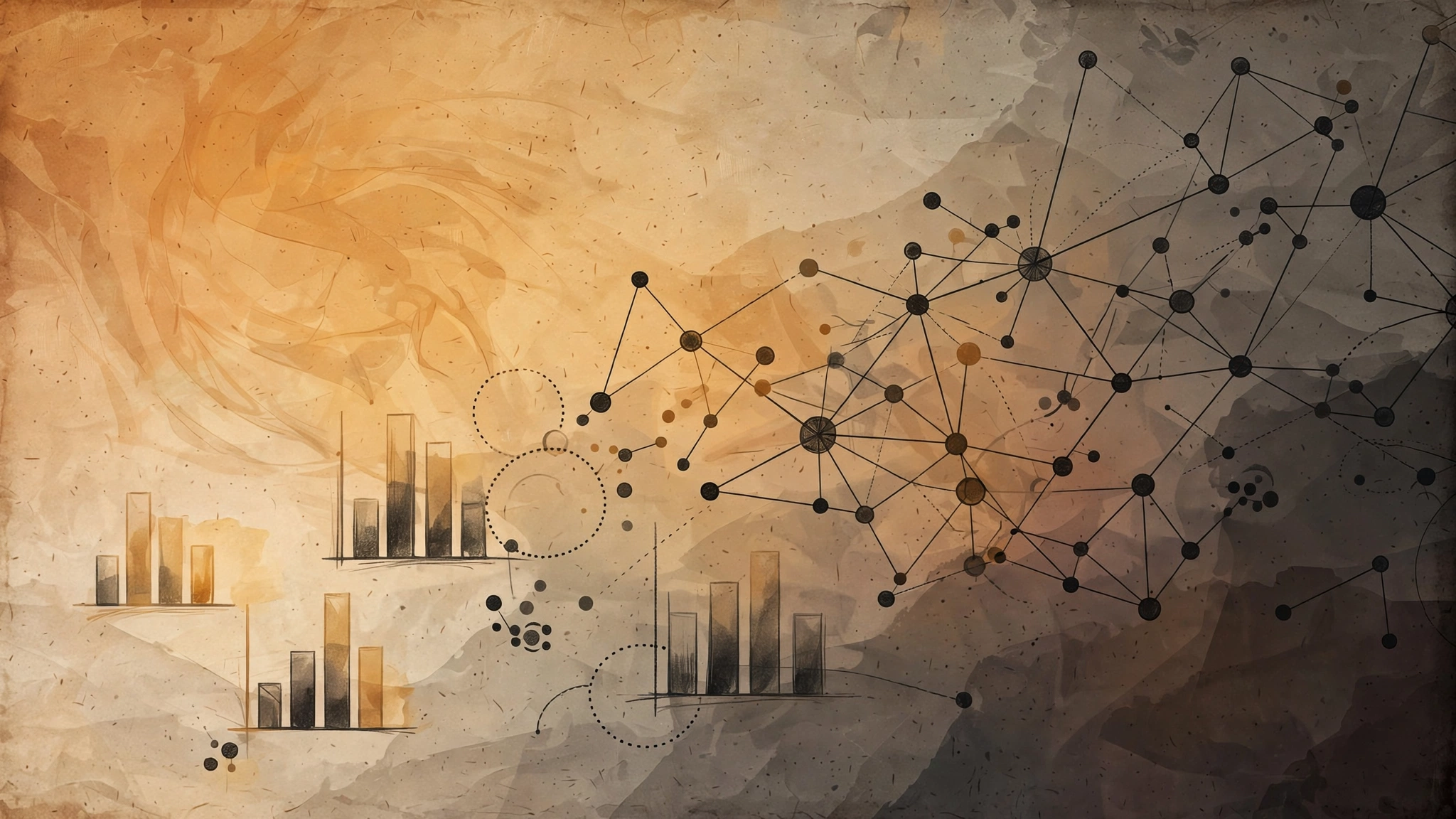 Warm editorial illustration of connected network nodes, bar charts and paper textures in amber and charcoal.