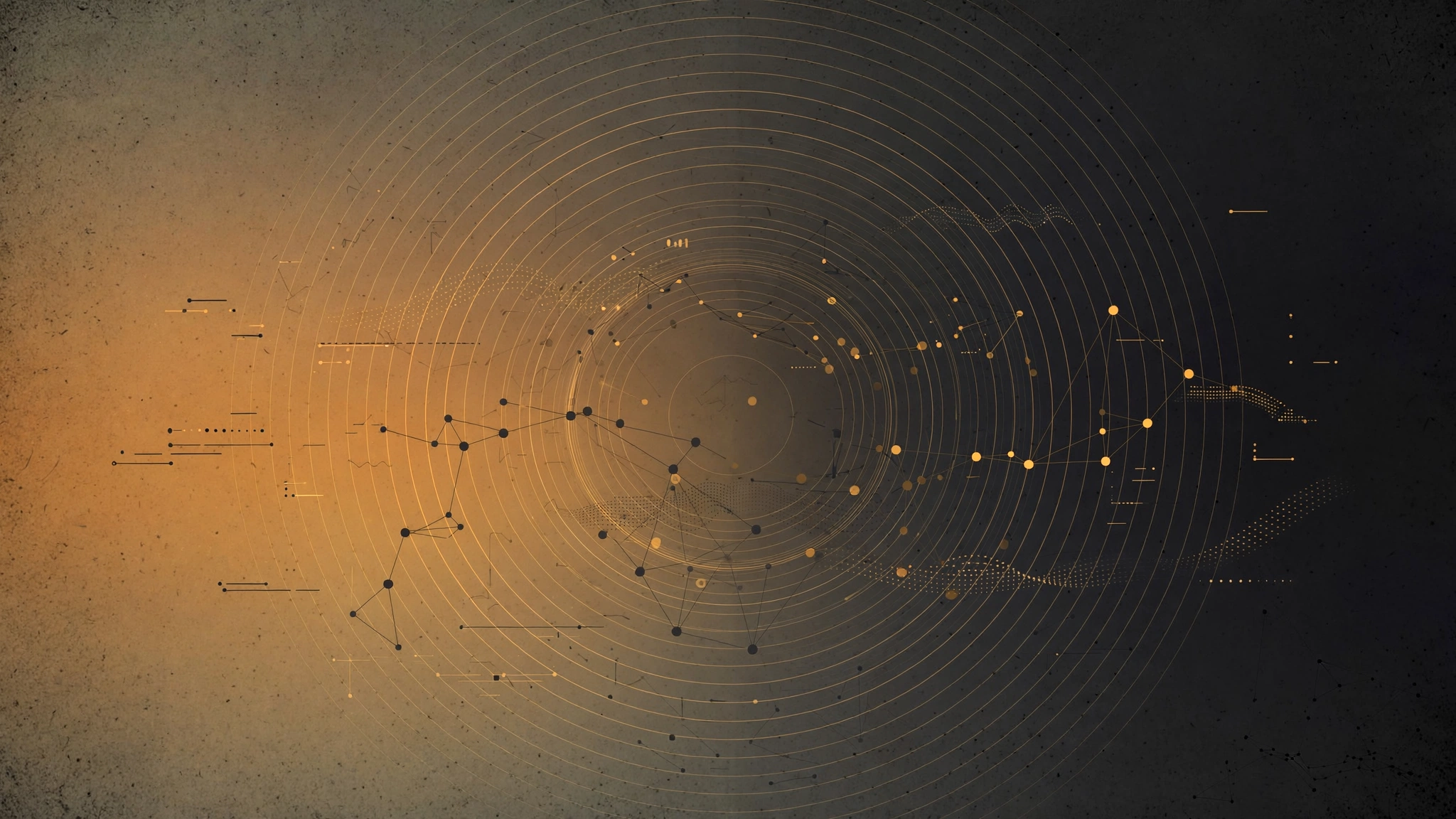 Abstract concentric ripple circles with network nodes on a warm amber and charcoal background, suggesting mindfulness and attention.