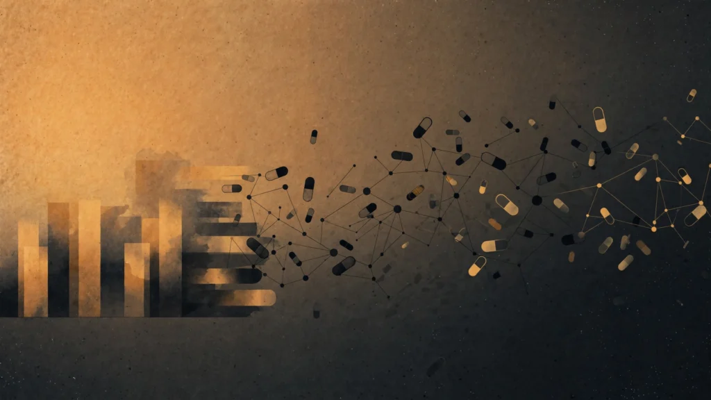 Abstract illustration of medicine capsules arranged as data points on a warm amber and charcoal research-themed background.