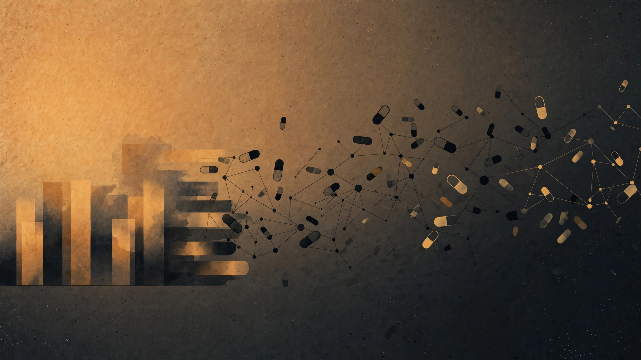 Abstract illustration of medicine capsules arranged as data points on a warm amber and charcoal research-themed background.