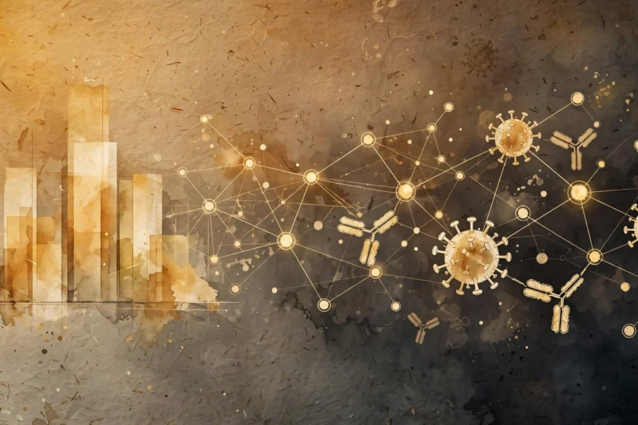 Watercolor-style editorial illustration in amber and charcoal showing abstract coronavirus particles and antibody shapes connected by a glowing network over bar charts and notebook textures, representing research on cross-reactive COVID immunity.