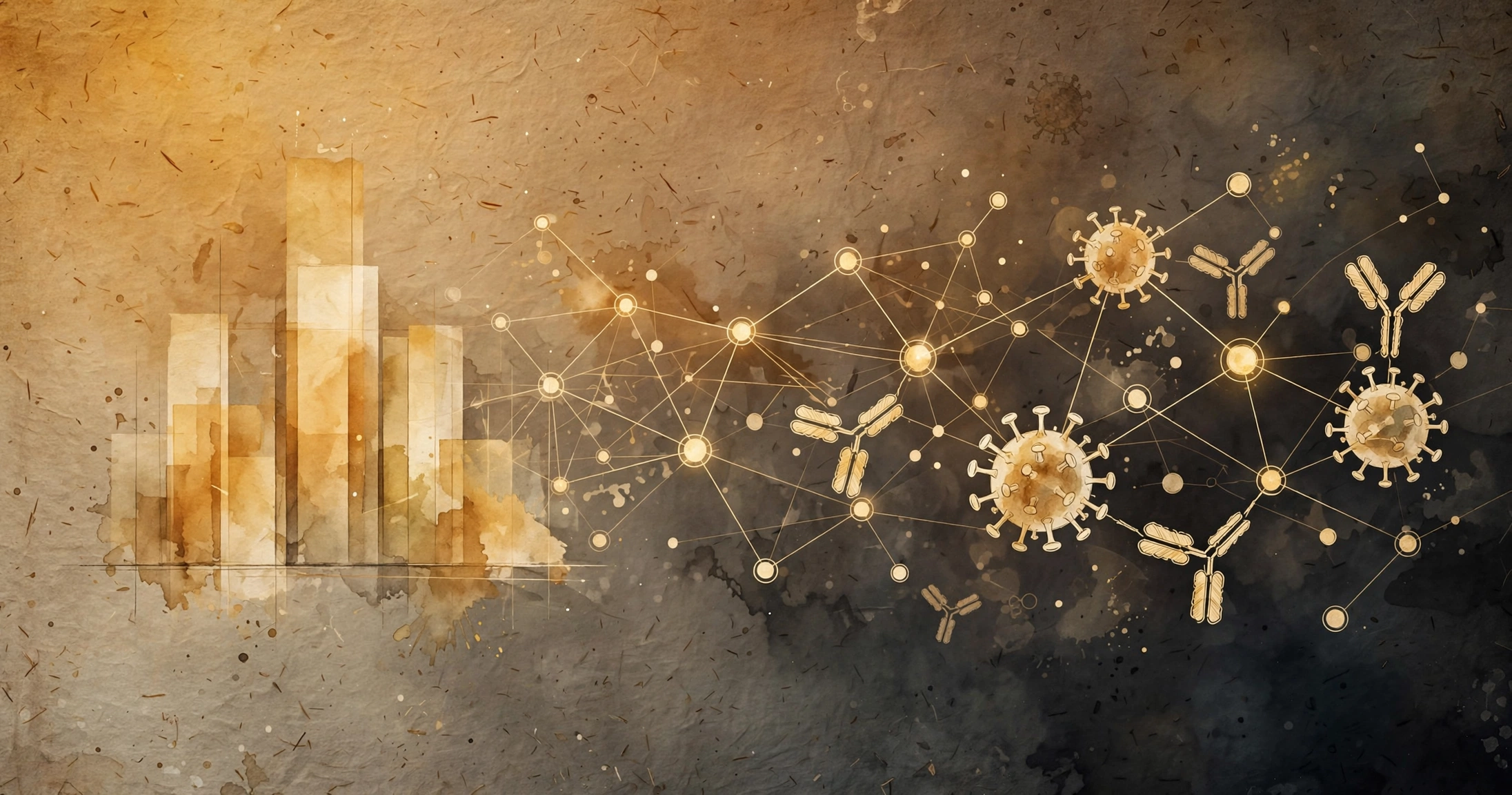 Watercolor-style editorial illustration in amber and charcoal showing abstract coronavirus particles and antibody shapes connected by a glowing network over bar charts and notebook textures, representing research on cross-reactive COVID immunity.