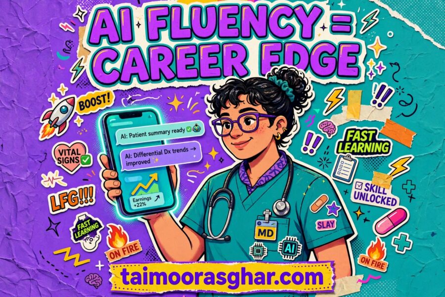 Doctor in scrubs holding a glowing smartphone with AI chat bubbles and an upward earnings graph, Gen Z collage style, taimoorasghar.com
