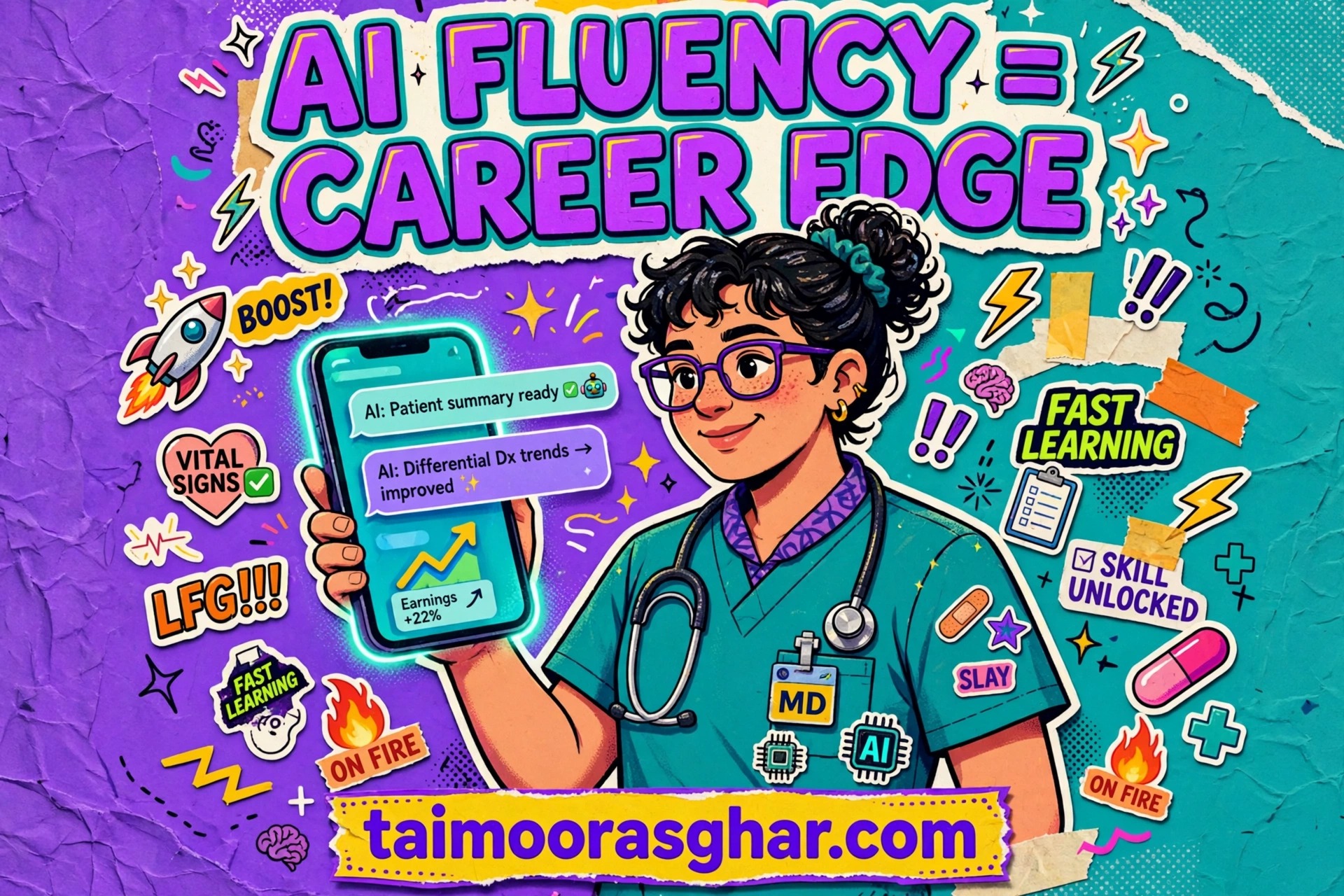 Doctor in scrubs holding a glowing smartphone with AI chat bubbles and an upward earnings graph, Gen Z collage style, taimoorasghar.com