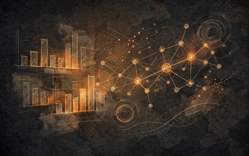 Warm amber-and-charcoal illustration of abstract clinical trial data visualisation, with soft bar charts and connected network nodes like sketches in a researcher's notebook.