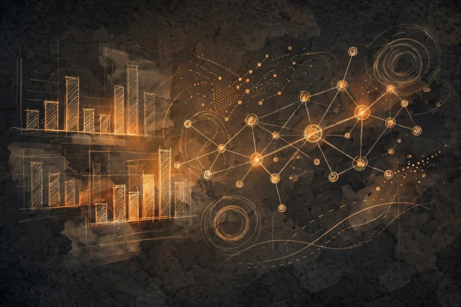 Warm amber-and-charcoal illustration of abstract clinical trial data visualisation, with soft bar charts and connected network nodes like sketches in a researcher's notebook.