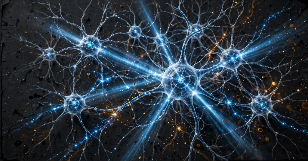 Stylised neuron network illuminated in blue light, representing optogenetics