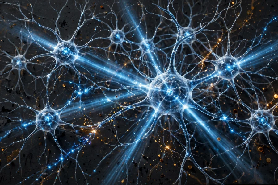 Stylised neuron network illuminated in blue light, representing optogenetics