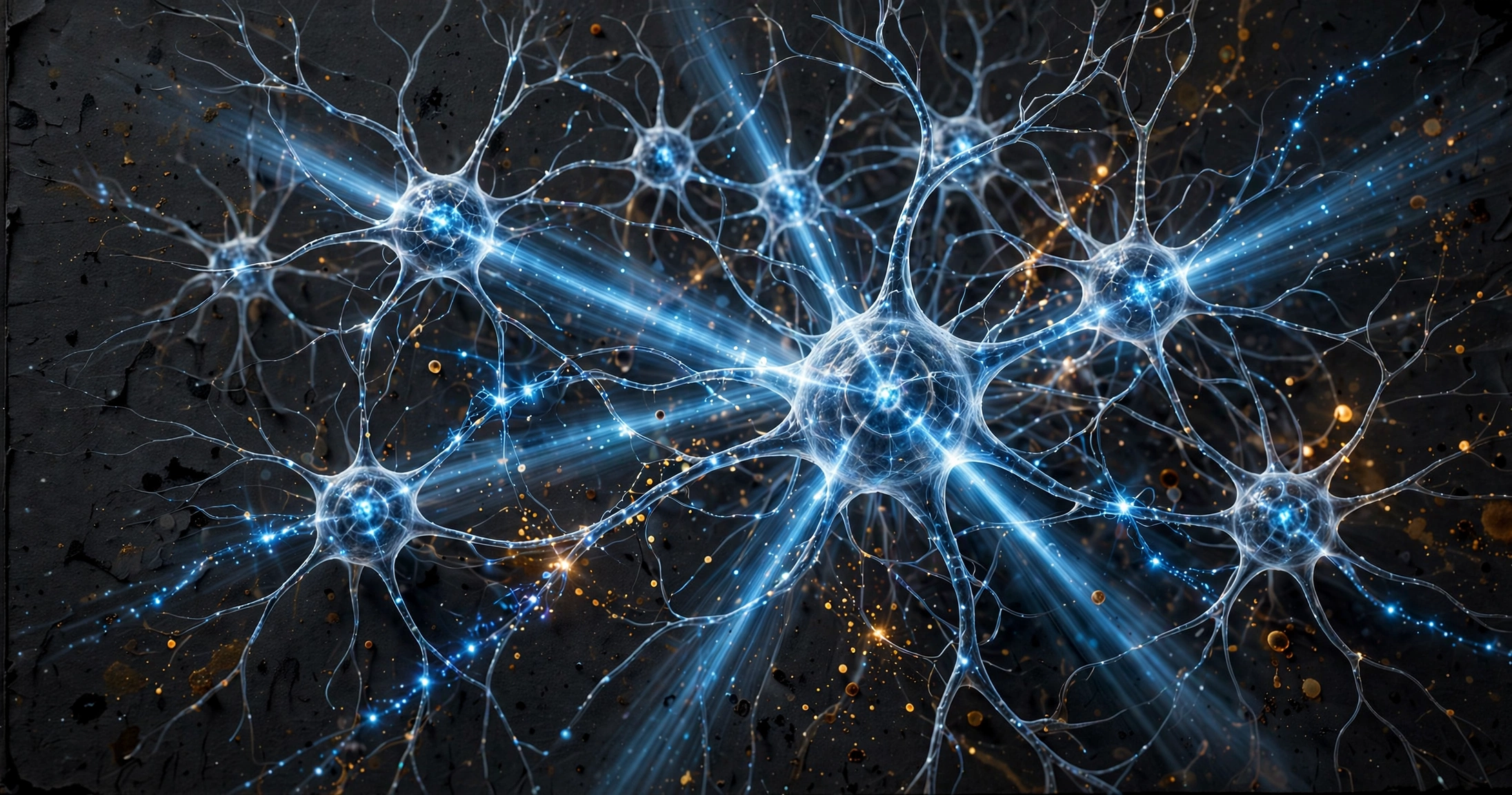 Stylised neuron network illuminated in blue light, representing optogenetics