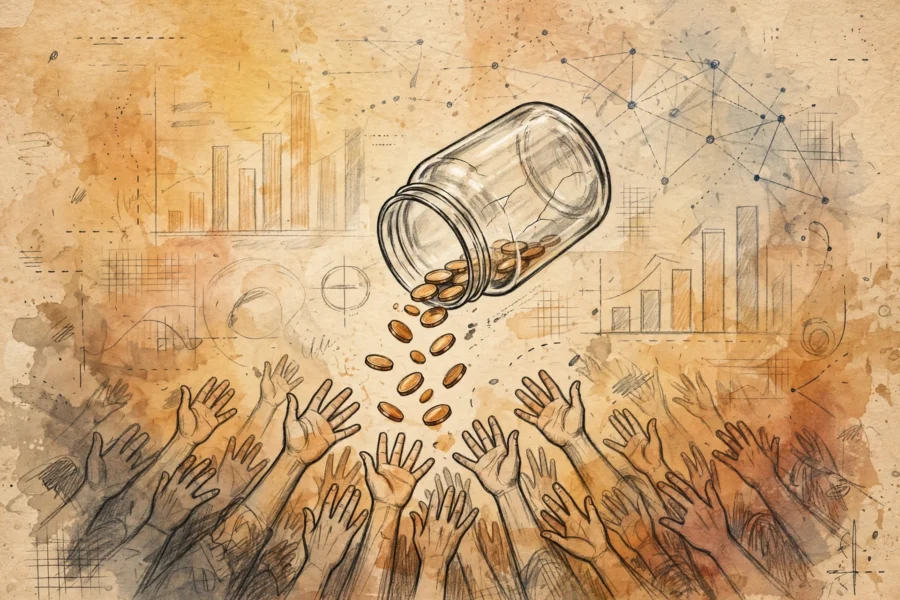A stylised illustration of an empty glass grant jar pouring a stream of small coins into the outstretched hands of a crowd, over a warm amber and charcoal data-visualisation background.