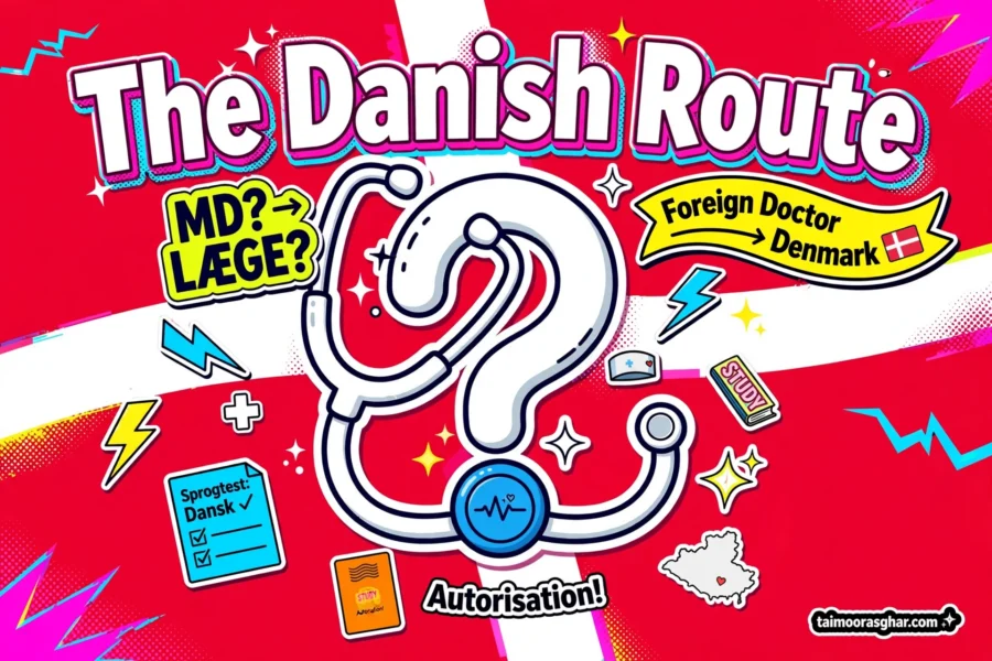 Gen Z style illustration: a stethoscope shaped like a question mark over a vibrant Danish flag-inspired background, headline The Danish Route